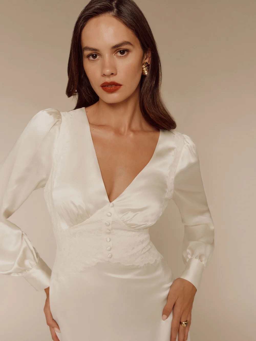 Reformation Ivory Satin V-Neck Bridal Dress - Picture 2 of 6